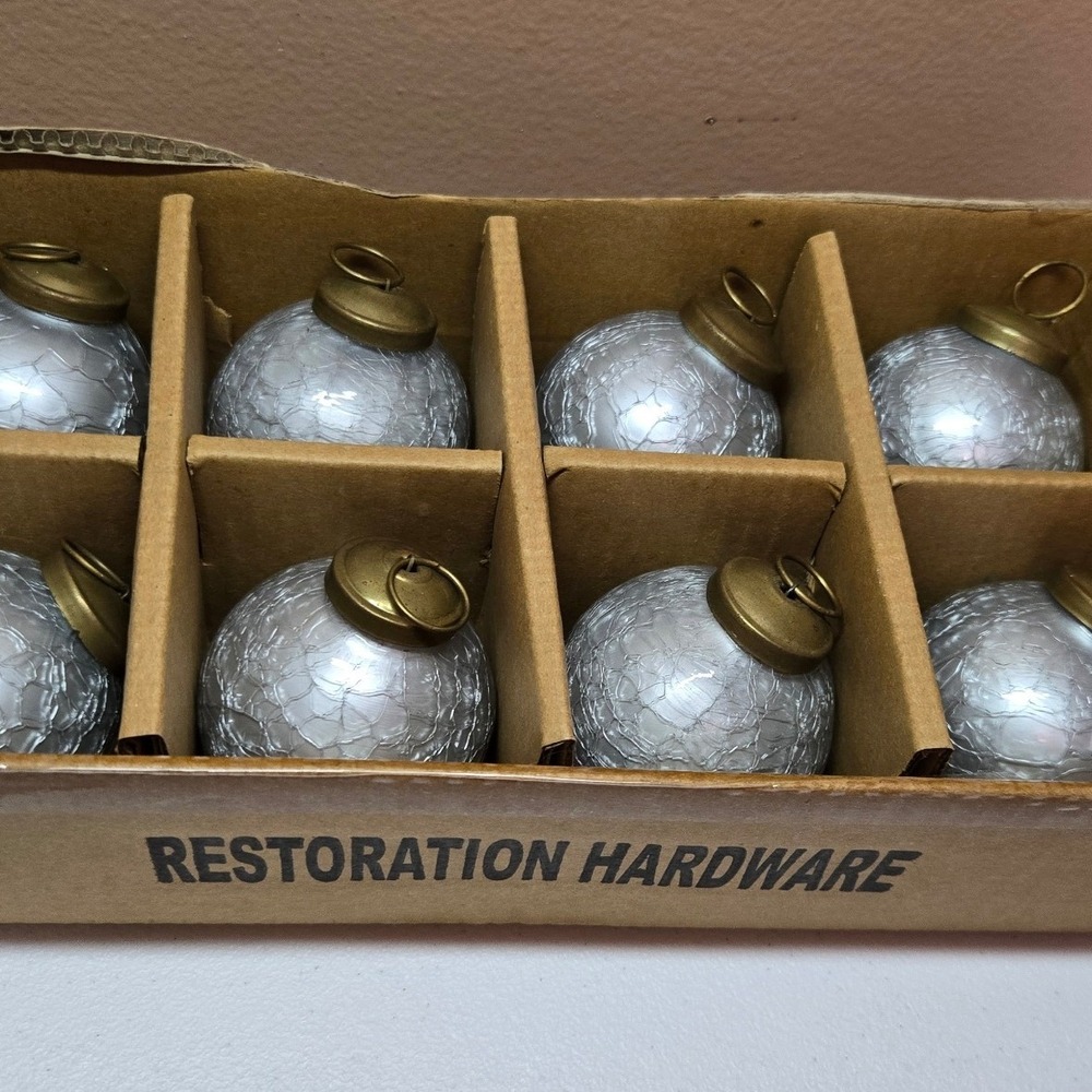 Restoration Hardware Silver Crackle Glass Christmas Ornaments Set of 8 Brass Cap